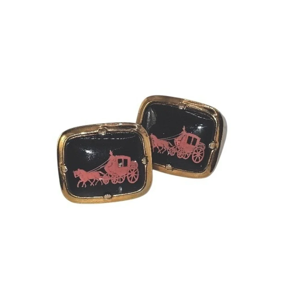 MCM‎ VTG Cufflinks Black Enamel Pink-tone 17th Century Horse and Carriage Scene